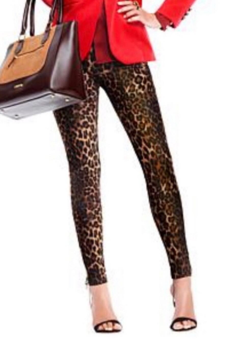IMAN Leopard Print Ankle Zip Leggings Women's L Brown Black Stretch Pull On